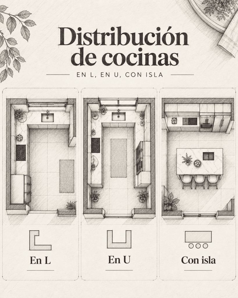 Distribución de cocinas: en L, en U, con isla murcia