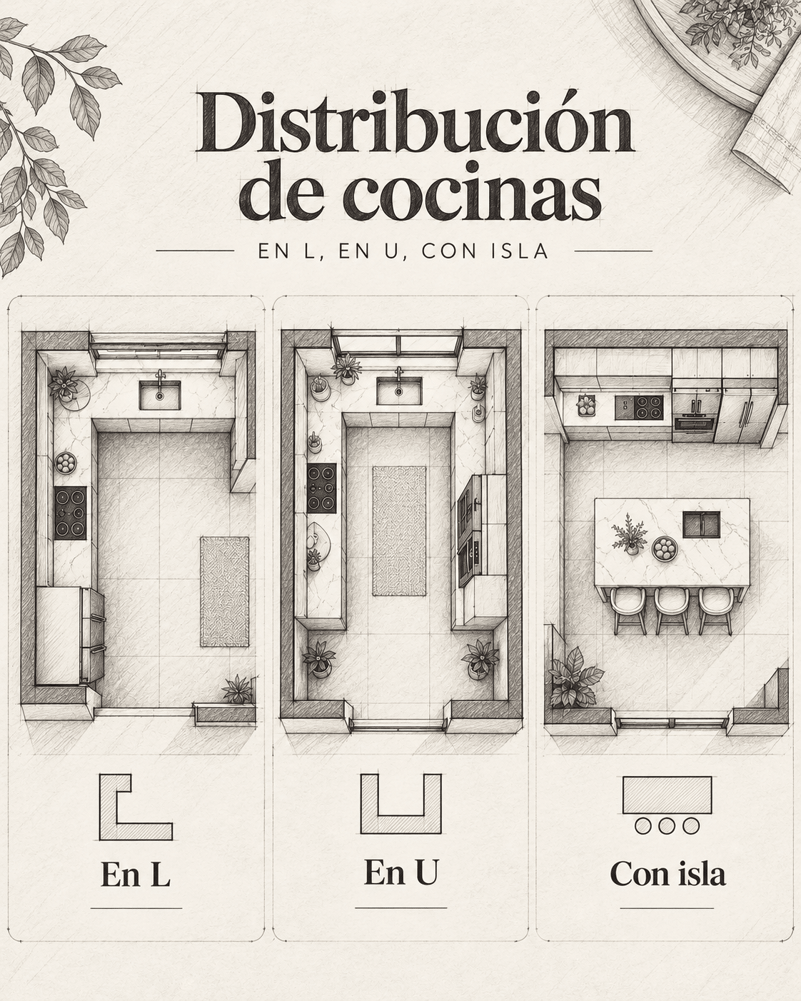 Distribución de cocinas: en L, en U, con isla murcia